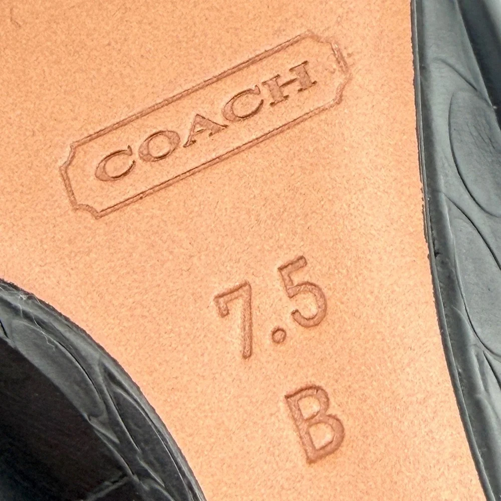 Coach Black Leather Peep Toe Wedge Pumps Embossed Logo Heel 7.5B - Picture 8 of 9